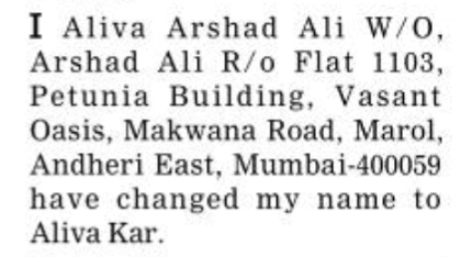 NAME CHANGE NOTICE - ALIVA KAR
