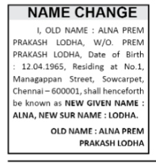 NAME CHANGE NOTICE- ALNA PREM PRAKASH LODHA