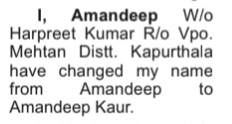 Name Change Notice -Amandeep to Amandeep Kaur