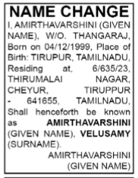 NAME CHANGE NOTICE - AMIRTHAVARSHINI VELUSAMY