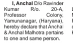 NAME CHANGE NOTICE- ANCHAL MALHOTRA