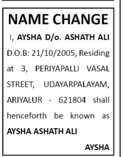 NAME CHANGE NOTICE - AYSHA ASHATH ALI