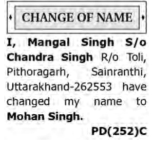 NAME CHANGE NOTICE - CHANDRA SINGH