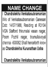 NAME CHANGE NOTICE - CHANDRALEKHA KURUNATHAN USHA