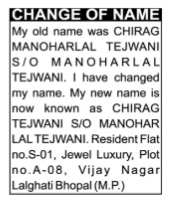 NAME CHANGE NOTICE - CHIRAG TEJWANI