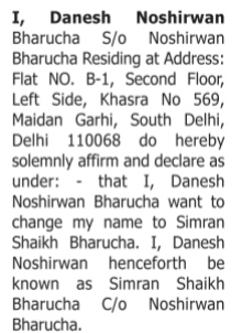 NAME CHANGE NOTICE - DANESH NOSHIRWAN