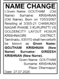 NAME CHANGE NOTICE - GIREESH KRISHNAN