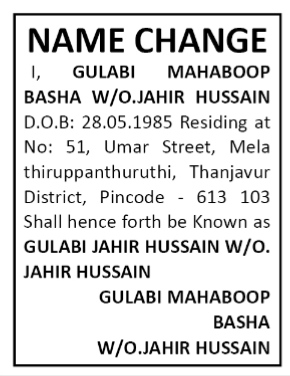 NAME CHANGE NOTICE- GULABI JAHIR HUSSAIN