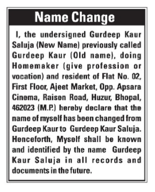 NAME CHANGE NOTICE -GURDEEP KAUR SALUJA