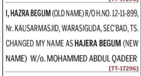 NAME CHANGE NOTICE- HAJERA BEGUM