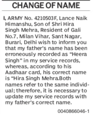 NAME CHANGE NOTICE - HIRA SINGH MEHRA