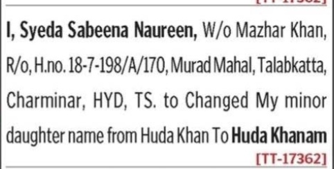 NAME CHANGE NOTICE - HUDA KHANAM