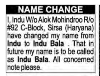NAME CHANGE NOTICE - INDU BALA