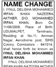 NAME CHANGE NOTICE - IYNUL DELISHA