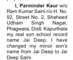 NAME CHANGE NOTICE- JAI DEEP SAINI