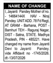 NAME CHANGE NOTICE - JAYANTI PANDEY