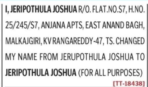 NAME CHANGE NOTICE- jeripothula joshua