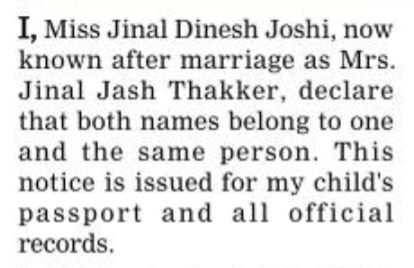 NAME CHANGE NOTICE - JINAL DINESH JOSHI