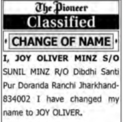 NAME CHANGE NOTICE - JOY OLIVER MINZ
