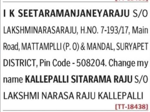 NAME CHANGE NOTICE - KALLEPALLI SITARAMA RAJU