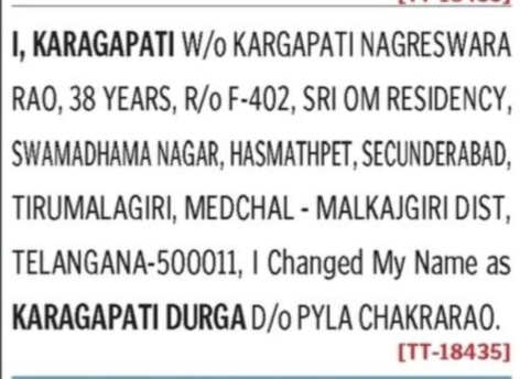 NAME CHANGE NOTICE -karagapati durga