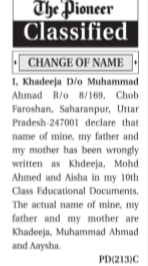 NAME CHANGE NOTICE - KHADEEJA