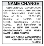 NAME CHANGE NOTICE - LATHA SUGESH GANGDHARAN