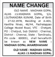 NAME CHANGE NOTICE - MADHAN GOPAL JANARDHANAM