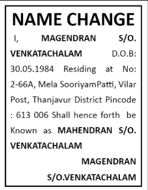NAME CHANGE NOTICE - MAHENDRAN