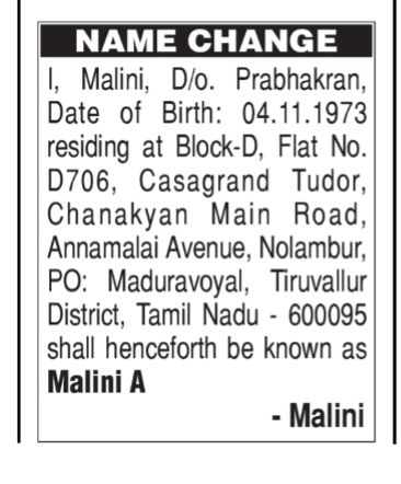 NAME CHANGE NOTICE - MALINI