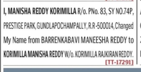 NAME CHANGE NOTICE -MANISHA REDDY