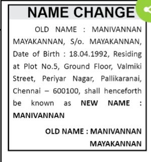 NAME CHANGE NOTICE - MANIVANNAN