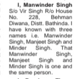 NAME CHANGE NOTICE - MANWINDER SINGH