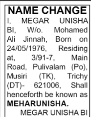 NAME CHANGE NOTICE - MEHAR UNISHA