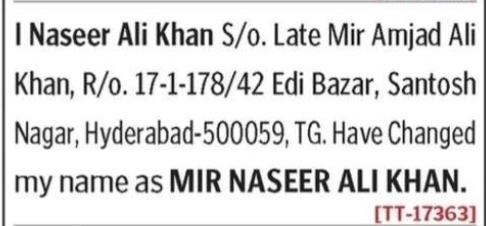 NAME CHANGE NOTICE - MIR NASEER ALI KHAN