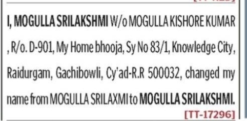 NAME CHANGE NOTICE -MOGULLA SRILAKSHMI