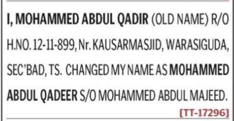 NAME CHANGE NOTICE -MOHAMMED ABDUL QADEER