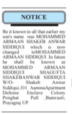 NAME CHANGE NOTICE - MOHAMMED ARMAAN SIDDIQUI