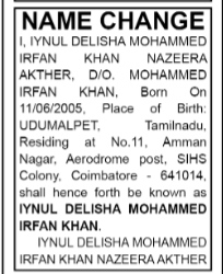 NAME CHANGE NOTICE- MOHAMMED IRFAN KHAN NAZEERA AKTHER