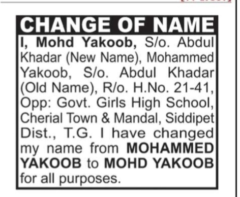 NAME CHANGE NOTICE- mohd yakoob