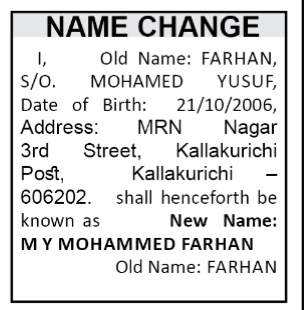 NAME CHANGE NOTICE - MY MOHAMMED FARHAN