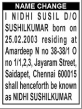 NAME CHANGE NOTICE - NIDHI SUSIL