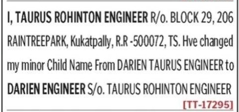 NAME CHANGE NOTICE OF MINOR CHILD