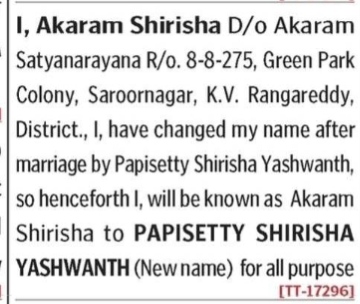 NAME CHANGE NOTICE - PAPISETTY SHIRISHA YASHWANTH