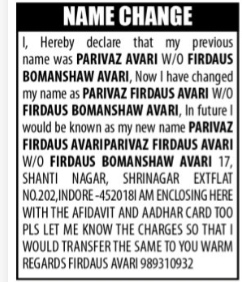 NAME CHANGE NOTICE - PARIVAZ FIRDAUS AVARI