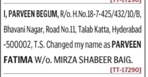NAME CHANGE NOTICE - PARVEEN BEGUM