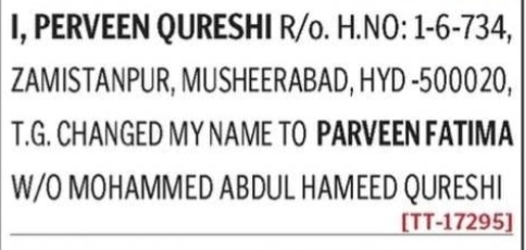 NAME CHANGE NOTICE - PARVEEN FATIMA