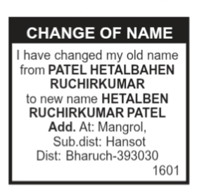 NAME CHANGE NOTICE - PATEL HETAL BAHEN RUCHIRKUMAR