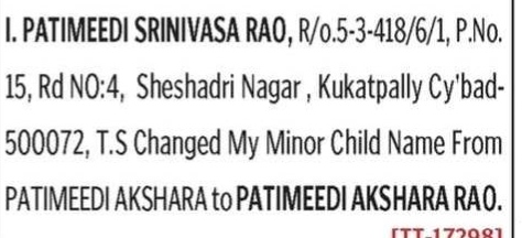 NAME CHANGE NOTICE - PATIMEEDI AKSHARA RAO