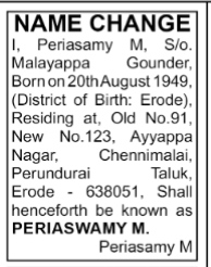 NAME CHANGE NOTICE- PERIASWAMY